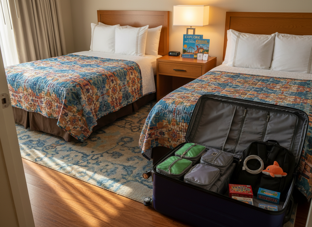 A cozy hotel room scene with two neatly made twin beds, each topped with vibrant, patterned blankets and plump pillows, all captured in clean photographic realism. Between the beds, a small nightstand holds a local city map, a folded amusement park brochure, and a pair of keycards. A large suitcase and a compact backpack rest open at the foot of one bed, revealing organized packing cubes and small travel games. Warm ambient lighting from a bedside lamp blends with soft evening light filtering through partially drawn curtains, casting gentle, inviting shadows. The camera is positioned at doorway height, looking into the room with balanced, symmetrical composition. The atmosphere feels welcoming, organized, and safe, evoking the comforting experience of arriving at a family-friendly hotel after a day of shared exploration and fun.