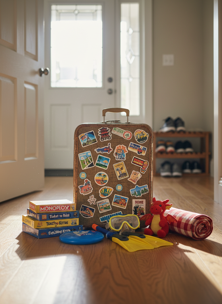 A well-worn, colorful family-sized suitcase standing upright in a bright hallway, surrounded by neatly arranged travel essentials on the floor: a stack of board games, a frisbee, snorkel gear, a small stuffed animal, and a compact picnic blanket, all in vivid hues. The suitcase is covered in diverse destination stickers, each sharply detailed in photographic realism. Natural daylight streams through an open doorway, casting soft, elongated shadows and a welcoming glow on the polished wooden floor. The background shows a blurred glimpse of the front door and a shoe rack, adding context without distraction. Captured at eye level with a shallow depth of field, the image feels warm, energetic, and full of anticipation, perfectly evoking the excitement of preparing for a memory-filled family adventure.