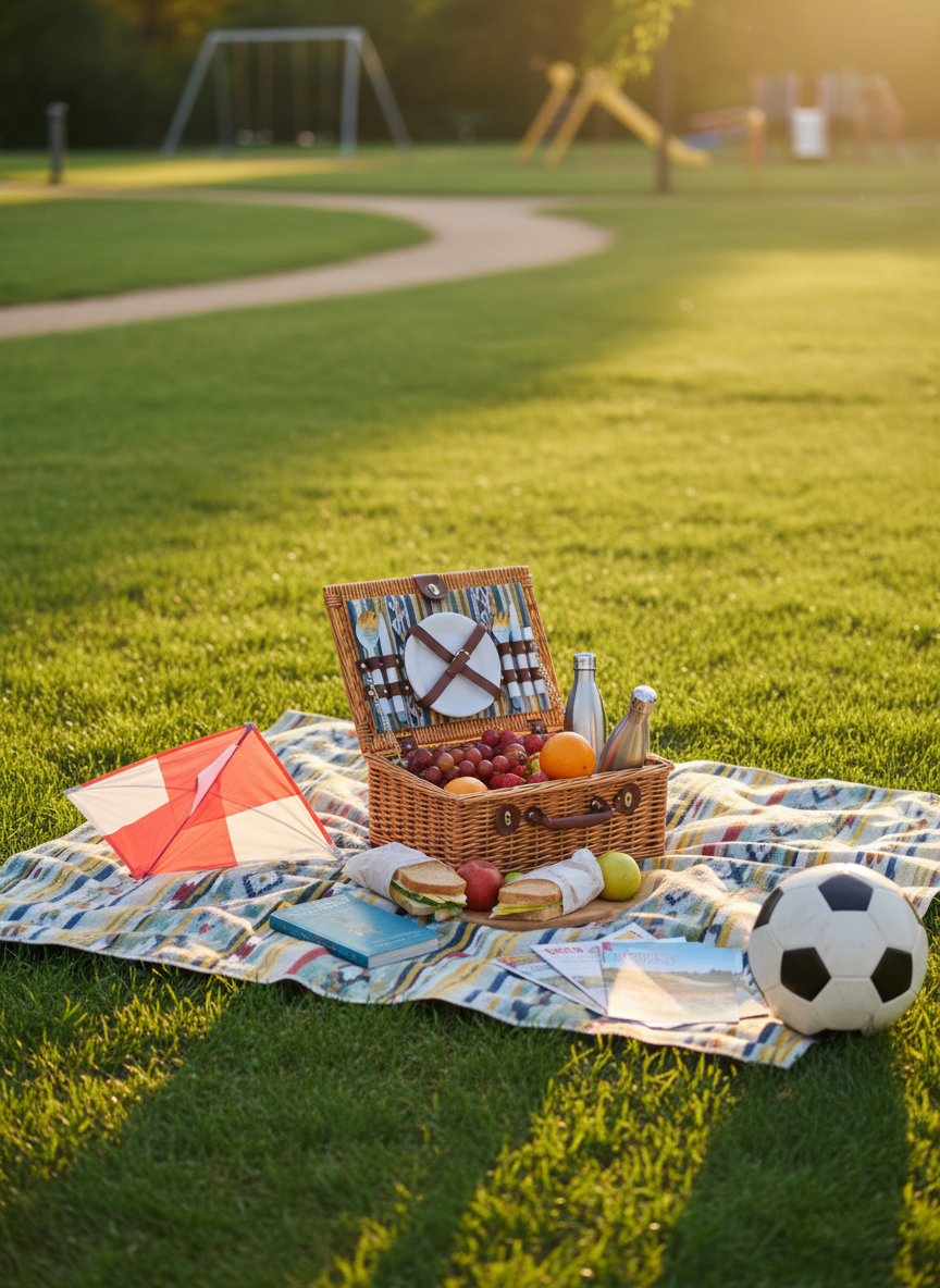 A sunlit picnic scene laid out on a lush green lawn in a peaceful park, with a large, patterned blanket spread carefully across the grass. At the center sits an open wicker picnic basket overflowing with fresh fruit, sandwiches, reusable water bottles, and a small travel guidebook. Nearby lie a kite, a well-used soccer ball, and a stack of colorful travel brochures, all captured in crisp photographic detail. Golden hour light bathes the scene, creating soft highlights on the basket’s woven texture and dappled shadows from an overhanging tree branch. The background features a softly blurred path and distant playground equipment, devoid of people. Shot from a slightly elevated angle using the rule of thirds, the mood is joyful, relaxed, and family-friendly, emphasizing playful outdoor adventures together.