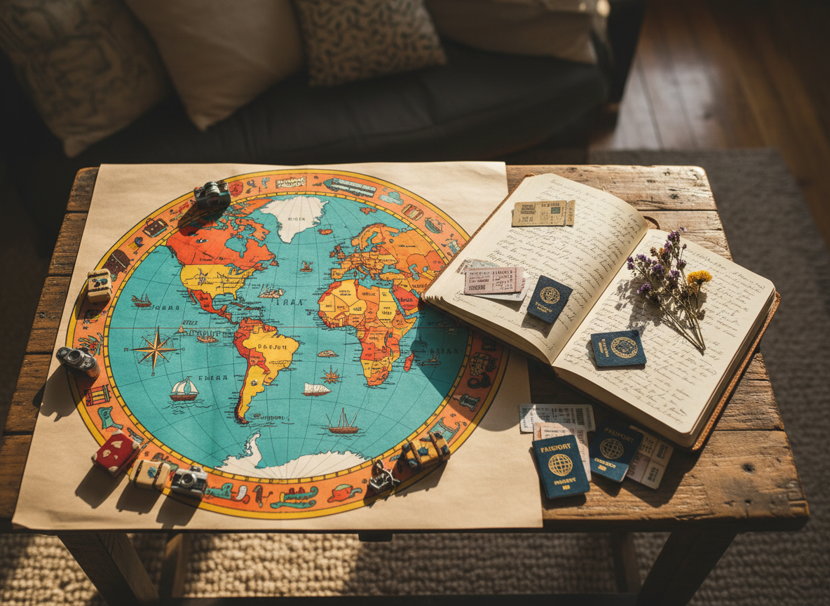 A brightly colored vintage-style world map spread across a rustic wooden table, with tiny illustrated suitcases, cameras, and passports arranged neatly around its edges. Beside the map lies an open, leather-bound travel journal filled with handwritten notes, ticket stubs, and pressed flowers, all rendered in crisp photographic realism. Soft afternoon sunlight filters in from an unseen window, warming the paper textures and creating gentle shadows between the objects. The background is softly blurred, suggesting a cozy living room with cushions and a plush rug, but without any people visible. Shot from a slightly elevated, top-down angle, the composition feels organized yet playful, capturing the joyful anticipation of family trips and shared adventures in a vibrant, inviting mood.