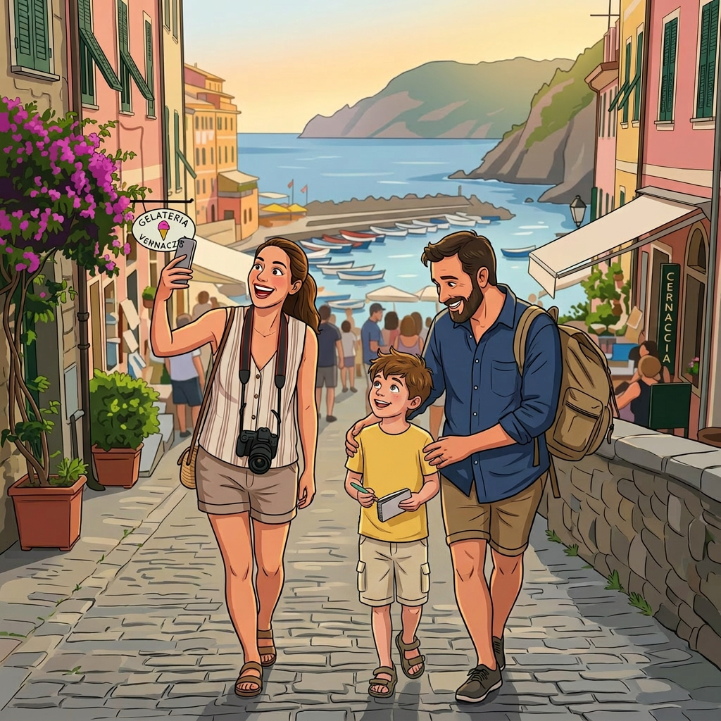 Family of three walking on cobblestone street near harbor